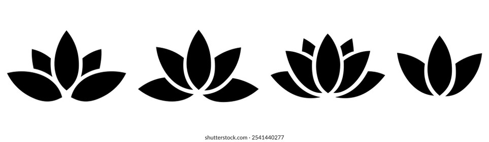 Ícones de lotus preto vetorial definidos no fundo branco. Planta de lótus. Flor de lótus