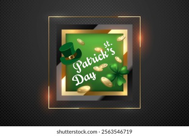 Vector black luxury background with green layer. Square cut frame, golden line and light effect. Layered St. Patrick's Day banner. Leprechaun hat, shamrock, gold coins Irish holiday design elements