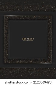 Vector black luxury layered background with glitter, sparkles and square copy space with elegant gold border. Premium decorative celebratory design template of invitation, brochure, notebook or card