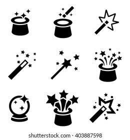 Vector Black Magic Icons Set. Magician. Magic Wand Icon