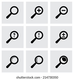 Vector black magnifier glass icons set on grey background