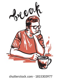 Hombre negro vectorial con gafas con taza de café o té. Toma un boceto. Un hombre pensivo. Ilustración vectorial negra.