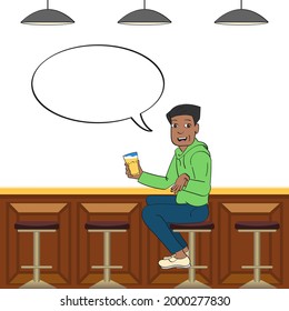 Vector black man sits in a bar on a chair at the counter drinks and talks