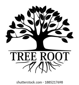 Vector black mangrove root tree logo design isolated on white background, tree with round shape