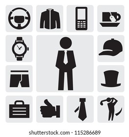 vector black man's accessories icons set on gray