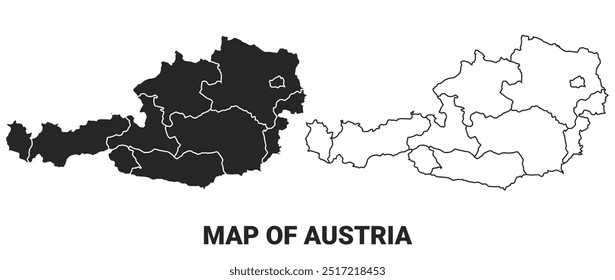 Schwarze Karte des Landes Österreich mit Grenzen der Regionen