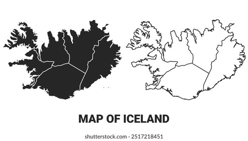 Vector Black map of Iceland country with borders of regions