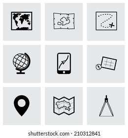 Vector black map icons set on grey background