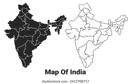 Vector Black map of India country with borders of regions