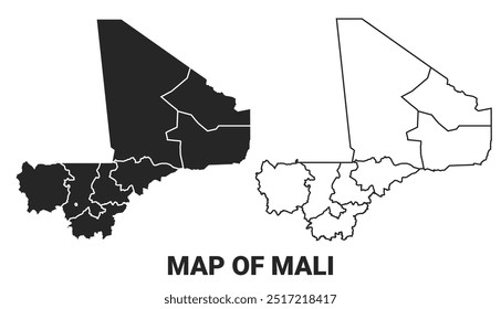 Vector Black map of Mali country with borders of regions