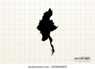 Vector black map of Myanmar on graph paper.