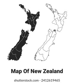 Vector Black map of New zealand country with borders of regions