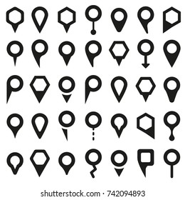 Vector black map pointer icons set on white background. 
