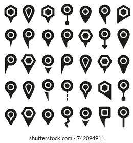 Vector black map pointer icons set on white background. 
