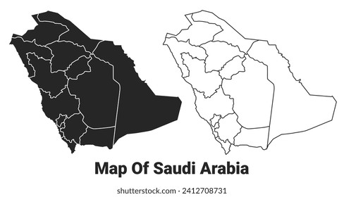 Vector Black map of Saudi Arabia country with borders of regions