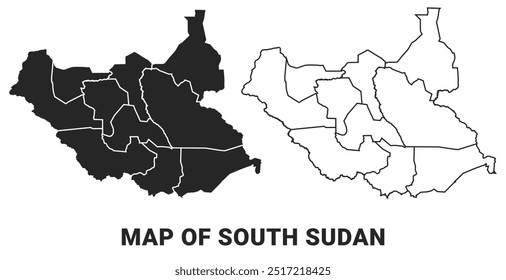 Vector Black map of South Sudan country with borders of regions