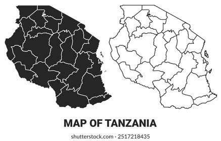Vector Black map of Tanzania country with borders of regions