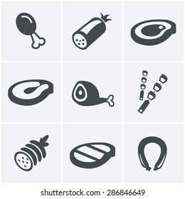 vector black meat and sausage icon set on white
