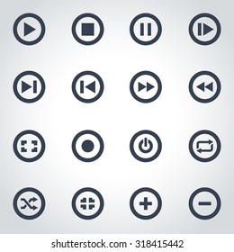 Vector black media buttons icon set on grey background