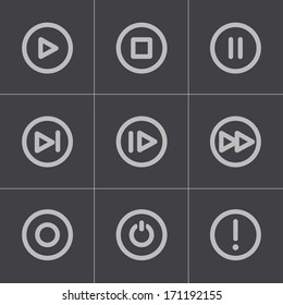 Vector black media buttons icons set on gray background.