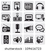 vector black media icons set on gray