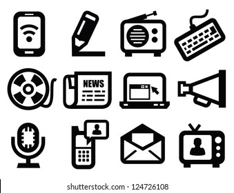 vector black media icons set on gray