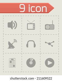 Vector black media icons set on grey background