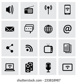 Vector black media icons set on grey background