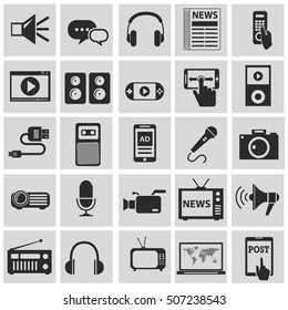 Vector black media icons set on gray