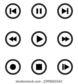 Vector black media player icons set on white background for graphic and web design.