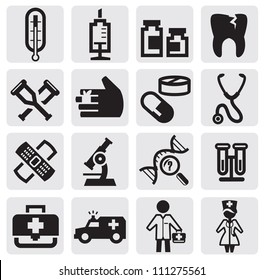 vector black medical icons set on gray