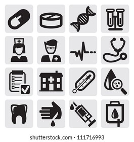 vector black medical icons set on gray