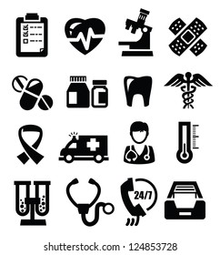 vector black medical icons set on white