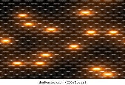 Vector black metal grid seamless background hot light effect glow cells. Diamond shape futuristic dark iron techno endless texture. Web page fill dark geometric tech pattern, wrapping paper