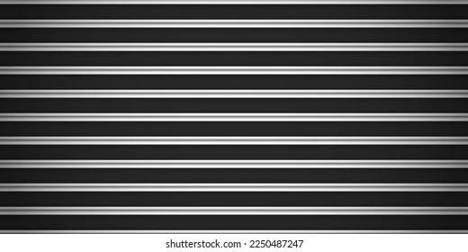 Textura de pared rayada de metal negro vectorial. 3 d fondo realista de la cerca de hierro. Panel de acero plateado sin soldadura. Estructura lateral de plástico. Superficie de construcción del techo. Línea metálica gris