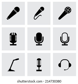Vector black microphone icons set on grey background