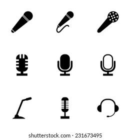 Vector black microphone icons set on grey background