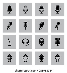 Vector black microphone icons set on grey background