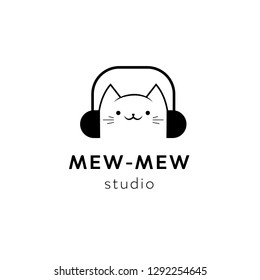 Vector black minimal cat head logo element design template. Music studio funny cartoon animal mascot character icon, sign for audio business