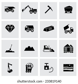 Vector black mining icons set on grey background