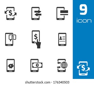 Vector black mobile banking icons set white background