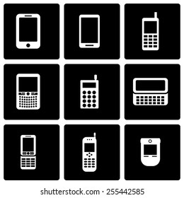 Vector black mobile phone icon set on black background.