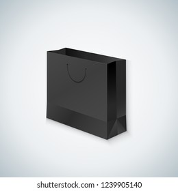 vector black mock up paper blank shopping bag with rope handle illustration realistic with shadow template design isolated on light background
