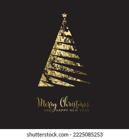 Vector black modern simple trendy christmas card with abstract golden striped triangle christmas tree and minimalistic simple lettering. Metallic golden trendy happy new year card layout. 