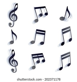Vector black monochromatic musical notes and symbols isolated on white background.