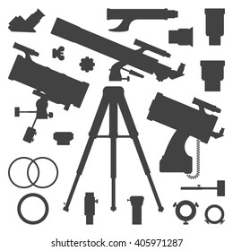 vector black monochrome astronomy and telescope tools and devices silhouette set isolated on white background

