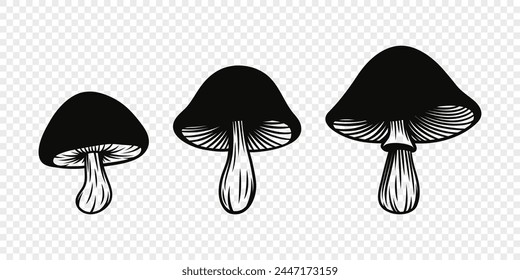 Conjunto de iconos de champiñón monocromo de dibujos animados negro Vector. Plantilla de diseño de hongos