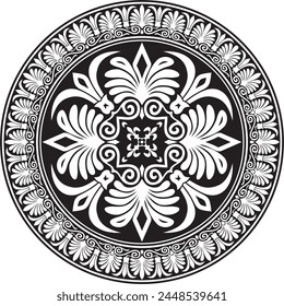 Vector black monochrome classic Greek round ornament. Circle of Ancient Greece and the Roman Empire. Byzantine painting of walls, floors and ceilings. Decoration of European palaces.
