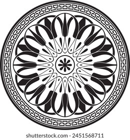 Vector black monochrome classic Greek round ornament. Circle of Ancient Greece and the Roman Empire. Byzantine painting of walls, floors and ceilings. Decoration of European palaces.
