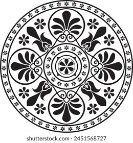 Vector black monochrome classic Greek round ornament. Circle of Ancient Greece and the Roman Empire. Byzantine painting of walls, floors and ceilings. Decoration of European palaces.
